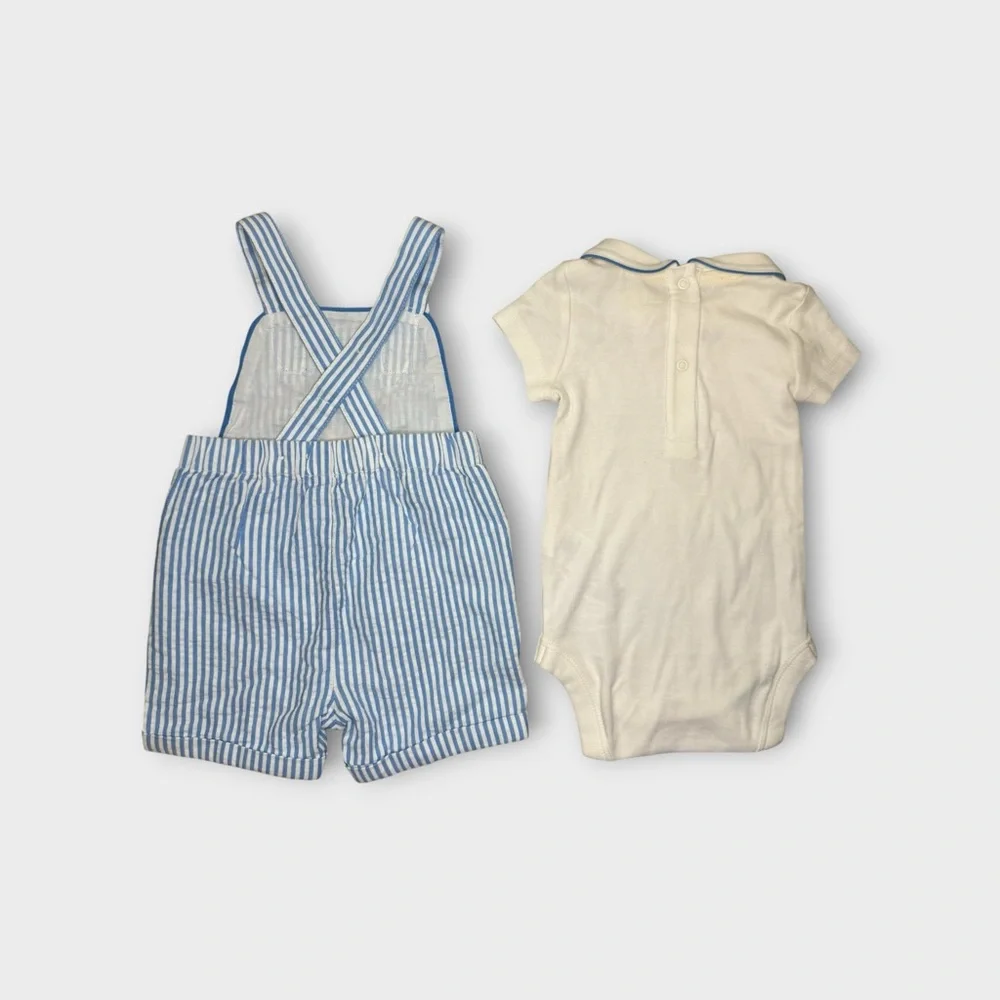 Mini Boden Blue Stripe Bunny Romper & Peter Pan Collar Bodysuit Matching Set